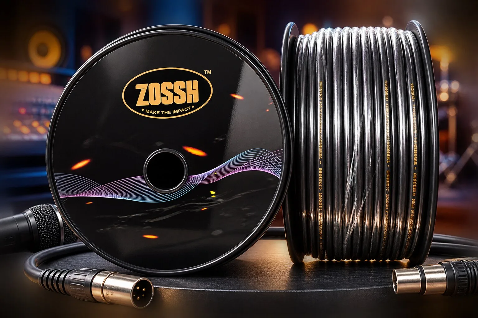 ZOSSH branded XLR cable coiled on a dark stage